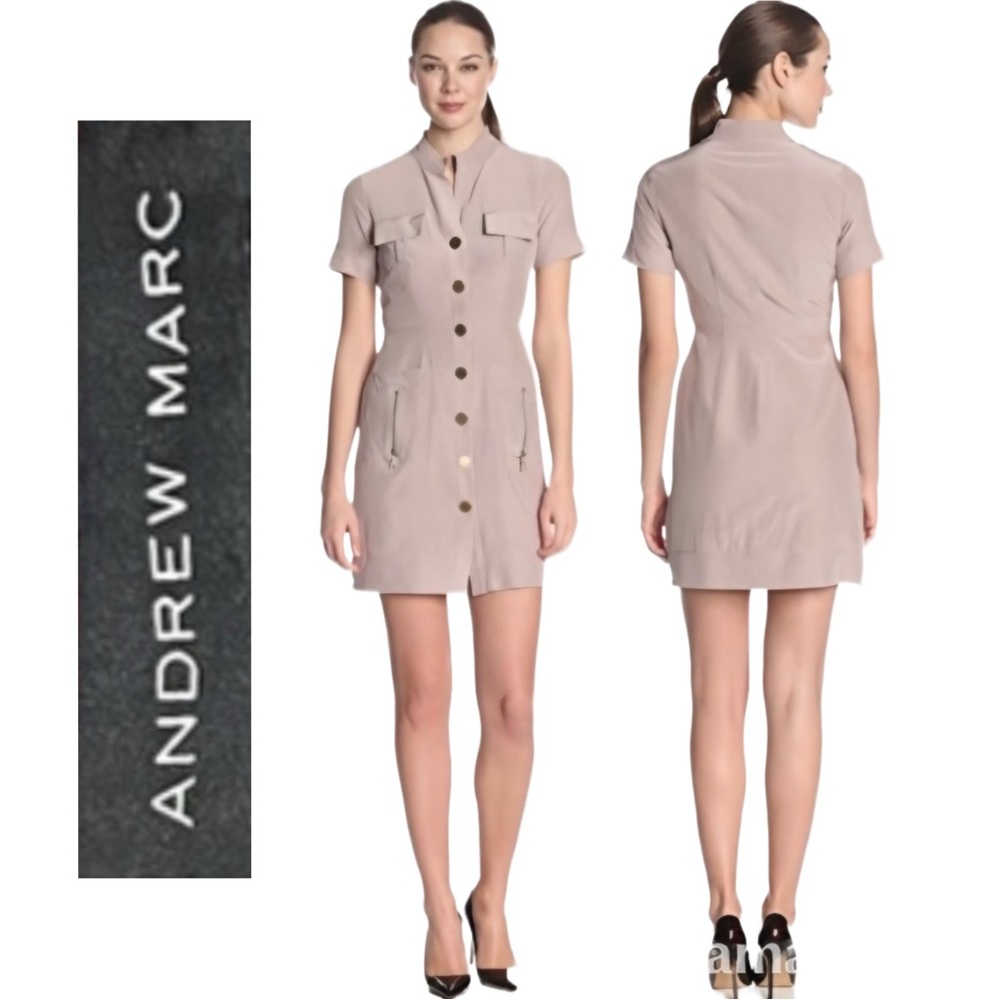 Andrew Marc Taupe Short-Sleeve Button Front Shirt Dress Size 6 Silk